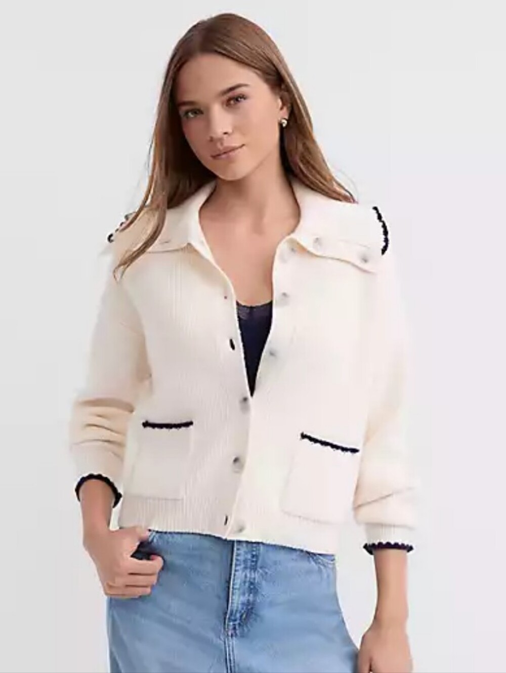 LOFT Cream Button-Up Knit Jacket with Navy Trim_S